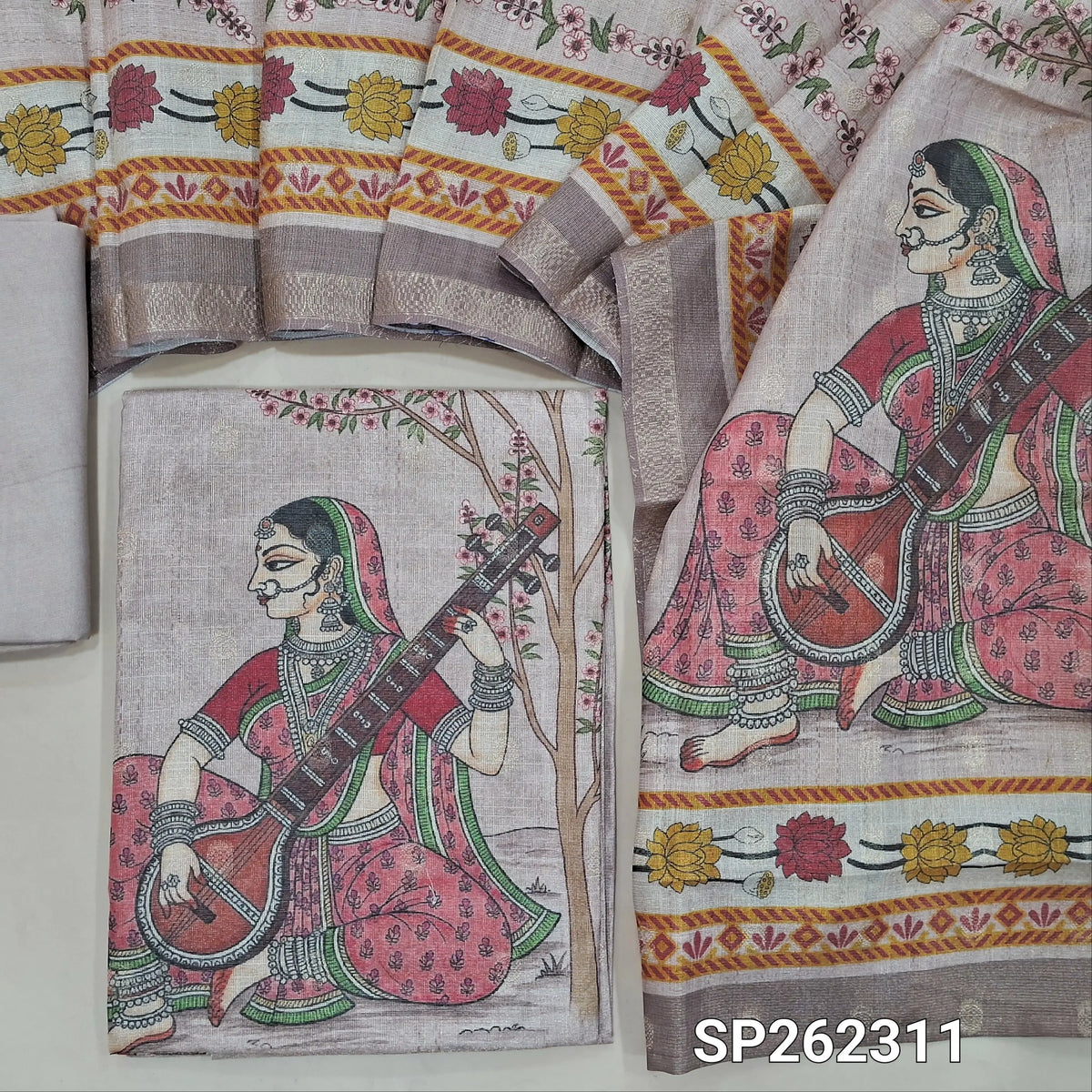 Light onion pink soft tissue silk cotton digital printed unstitched salwar material, zari buttas all over (Shiny, Lining Needed)matching spun cotoon bottom, tissue silk cotton dupatta. SP262311
