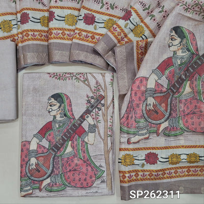 Light onion pink soft tissue silk cotton digital printed unstitched salwar material, zari buttas all over (Shiny, Lining Needed)matching spun cotoon bottom, tissue silk cotton dupatta. SP262311