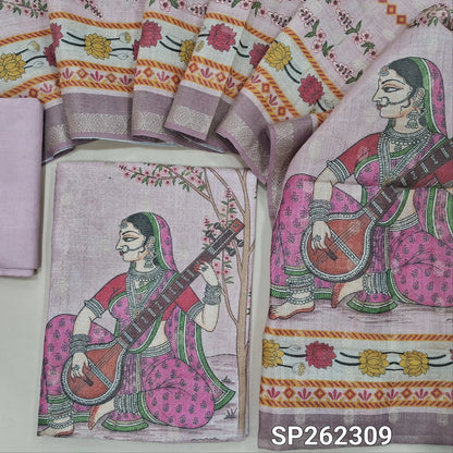 Pastel pink soft tissue silk cotton digital printed unstitched salwar material, zari buttas all over (Shiny, Lining Needed)matching spun cotoon bottom, tissue silk cotton dupatta. SP262309