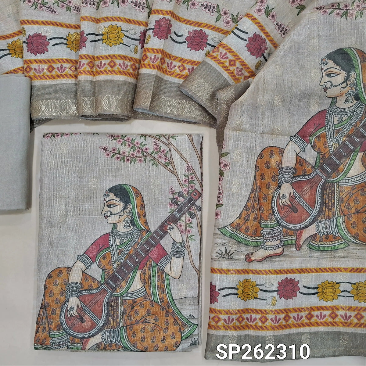 Rich beige soft tissue silk cotton digital printed unstitched salwar material, zari buttas all over (Shiny, Lining Needed)matching spun cotoon bottom, tissue silk cotton dupatta. SP262312