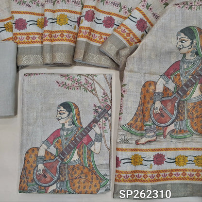 Rich beige soft tissue silk cotton digital printed unstitched salwar material, zari buttas all over (Shiny, Lining Needed)matching spun cotoon bottom, tissue silk cotton dupatta. SP262312