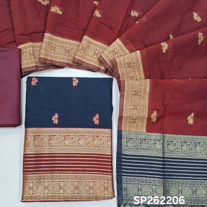 Dark blue premium silk cotton unstitched salwar material,buttas all over benarasi zari weaving daman, (lining needed)maroon silky bottom,buttas on silk cotton dupatta with contrast pallu and borders. SP262206