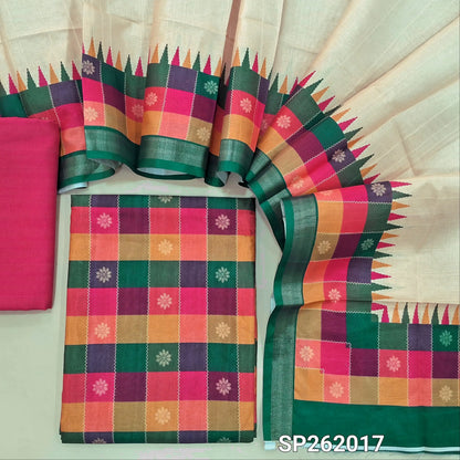 Multicoloured semi tussar unstitched salwar material, printed and checked design all over,(lining needed)pink semi tussar bottom,printed semi tussar dupatta with borders(TAPPING NEEDED). SP262017