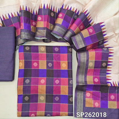 Multicoloured semi tussar unstitched salwar material, printed and checked design all over,(lining needed)purple semi tussar bottom,printed semi tussar dupatta with borders(TAPPING NEEDED). SP262018