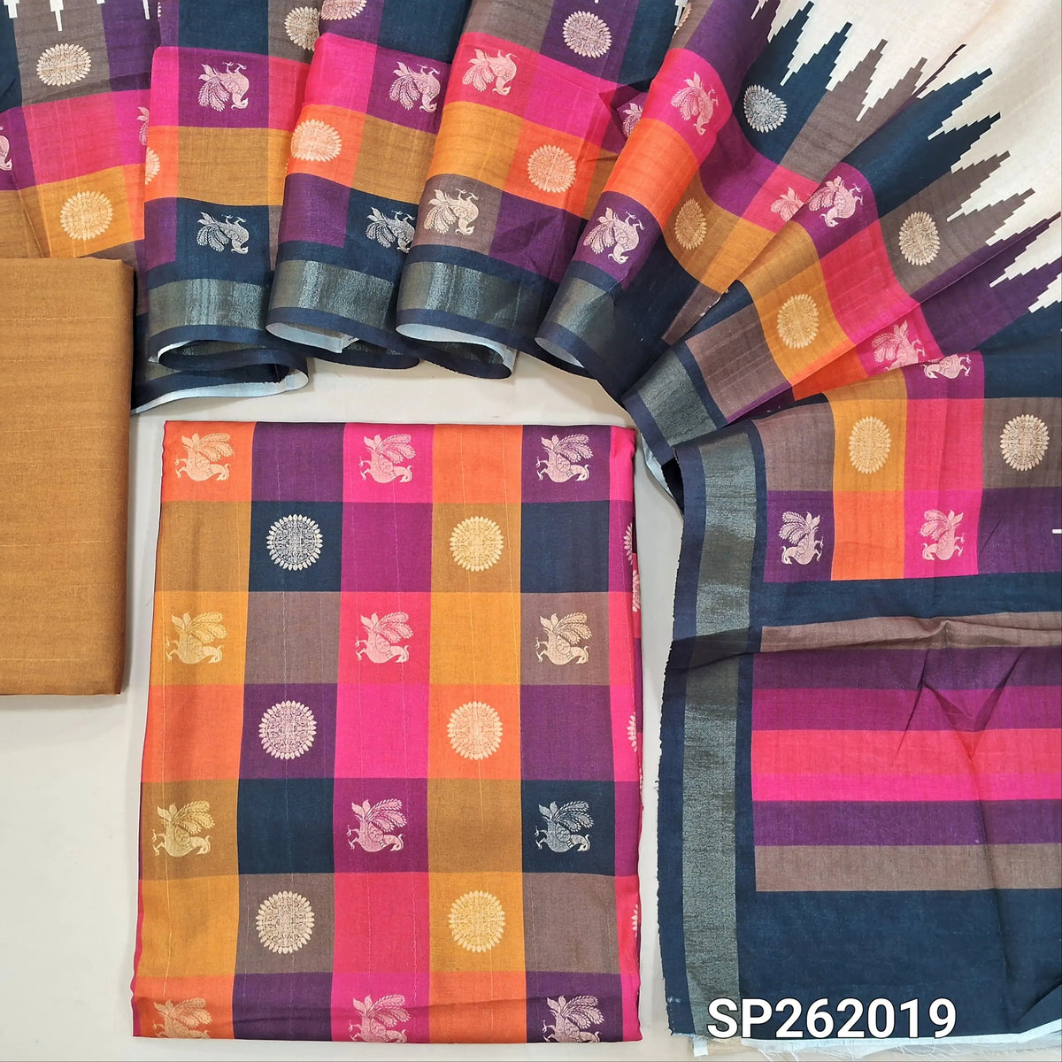 Multicoloured semi tussar unstitched salwar material, printed and checked design all over,(lining needed)mehandhi yellow semi tussar bottom,printed semi tussar dupatta with borders(TAPPING NEEDED). SP262019