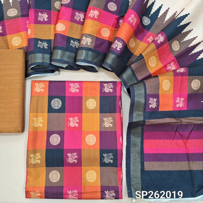 Multicoloured semi tussar unstitched salwar material, printed and checked design all over,(lining needed)mehandhi yellow semi tussar bottom,printed semi tussar dupatta with borders(TAPPING NEEDED). SP262019