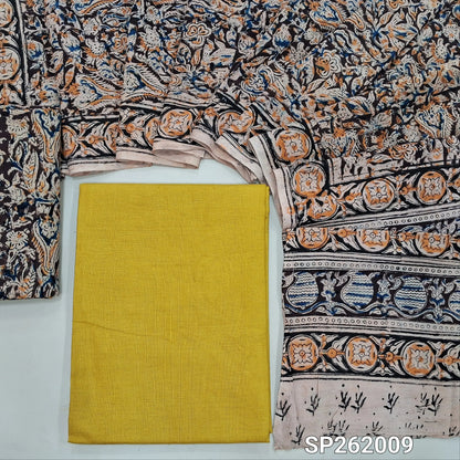 Mehandhi yellow handloom cotton unstitched salwar material,(lining optional)kalamkari hand block printed cotton bottom,hand block printed mul cotton dupatta(TAPPING NEEDED). SP262009