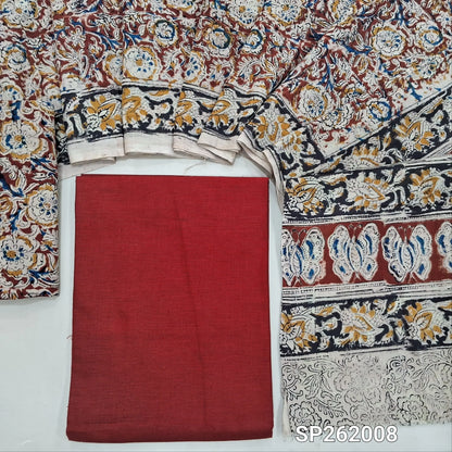 Reddish maroon handloom cotton unstitched salwar material,(lining optional)kalamkari hand block printed cotton bottom,hand block printed mul cotton dupatta(TAPPING NEEDED). SP262008
