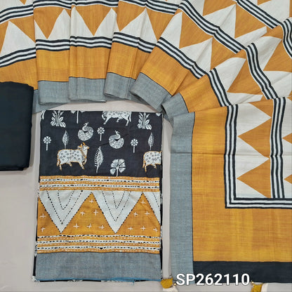 Black base tussar silk unstitched salwar material,printed on front, (YELLOW)contrast daman,with embroidery(Lining Needed)santoon bottom, digital printed tussar dupatta. SP262110
