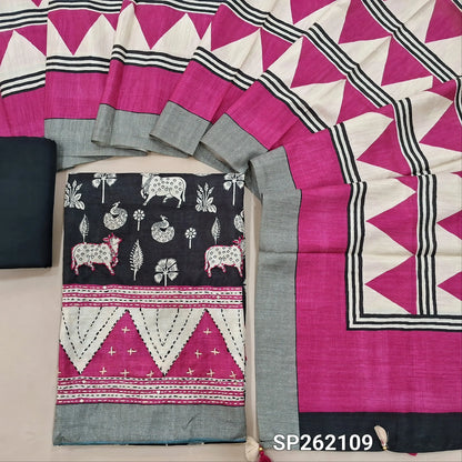 Black base tussar silk unstitched salwar material,printed on front, (PINK)contrast daman,with embroidery(Lining Needed)santoon bottom, digital printed tussar dupatta. SP262109