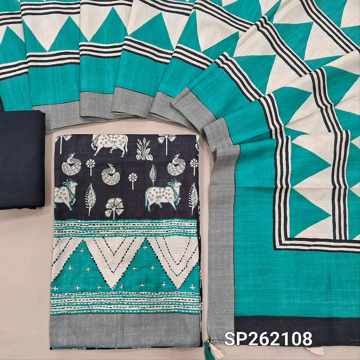 Black base tussar silk unstitched salwar material,printed on front, (BLUE)contrast daman,with embroidery(Lining Needed)santoon bottom, digital printed tussar dupatta. SP262108