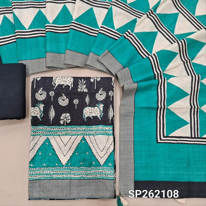 Black base tussar silk unstitched salwar material,printed on front, (BLUE)contrast daman,with embroidery(Lining Needed)santoon bottom, digital printed tussar dupatta. SP262108