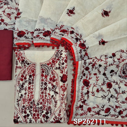 Off white base silk cotton unstitched salwar material,heavy hand embroidery work on front,(EMBROIDERY PATTERN MIGHT VARY)(lining needed) dark maroon spun cotton bottom,silk cotton dupatta with rich pallu and borders with pom pom tapping. SP262111