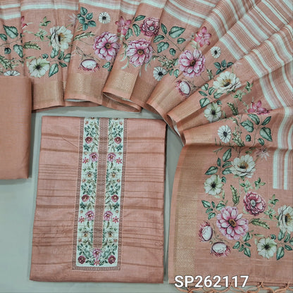 Pastel peach sober printed semi tussar unstitched salwar material, floral printed yoke with sequins work, self woven design all over(thin, lining needed)floral printed daman, matching siky bottom, digital printed semi tussar dupatta. SP262117