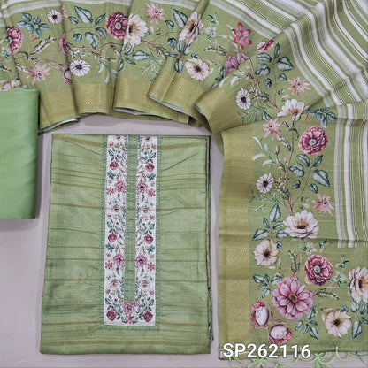 Cardamom green sober printed semi gicha unstitched salwar material, floral printed yoke with sequins work, self woven design all over(thin, lining needed)floral printed daman, matching siky bottom, digital printed semi tussar dupatta. SP262116