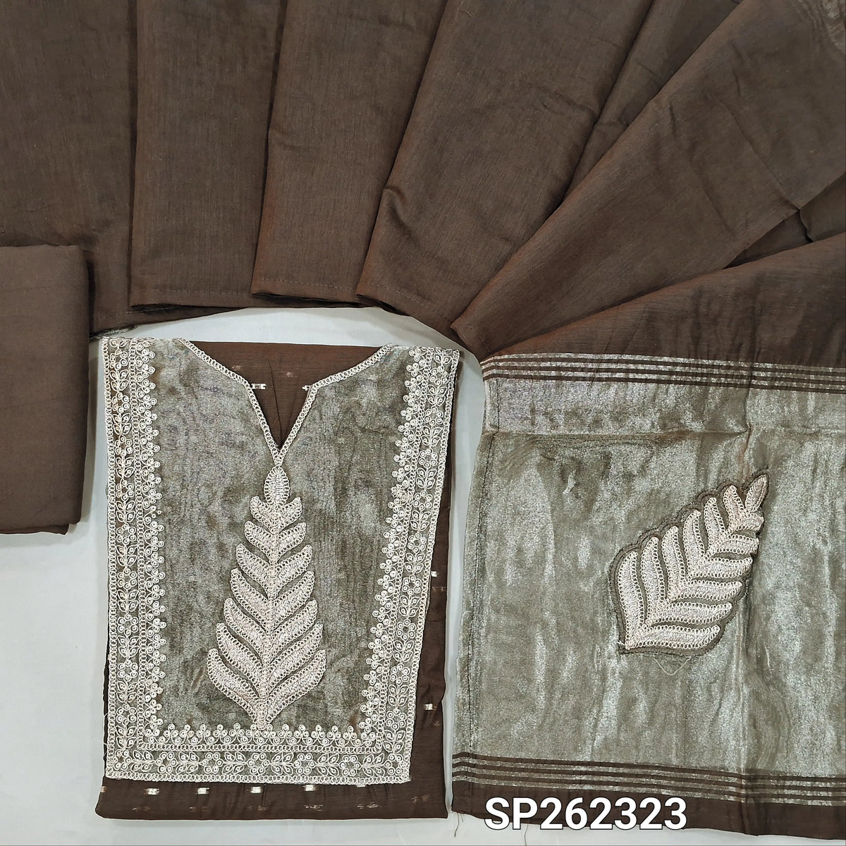Designer dark brown silk cotton unstitched salwar material, gold tissue and daman with embroidery, zari buttas (Thin, Lining Needed)matching spun cotton bottom, silk cotton dupatta with tissue and embroidery on pallu. SP262323