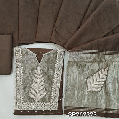 Designer dark brown silk cotton unstitched salwar material, gold tissue and daman with embroidery, zari buttas (Thin, Lining Needed)matching spun cotton bottom, silk cotton dupatta with tissue and embroidery on pallu. SP262323