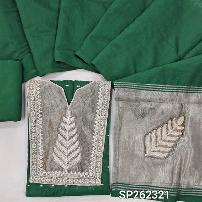 Designer dark green silk cotton unstitched salwar material, gold tissue and daman with embroidery, zari buttas (Thin, Lining Needed)matching spun cotton bottom, silk cotton dupatta with tissue and embroidery on pallu. SP262321