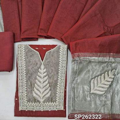 Designer dark maroon silk cotton unstitched salwar material, gold tissue and daman with embroidery, zari buttas (Thin, Lining Needed)matching spun cotton bottom, silk cotton dupatta with tissue and embroidery on pallu. SP262322