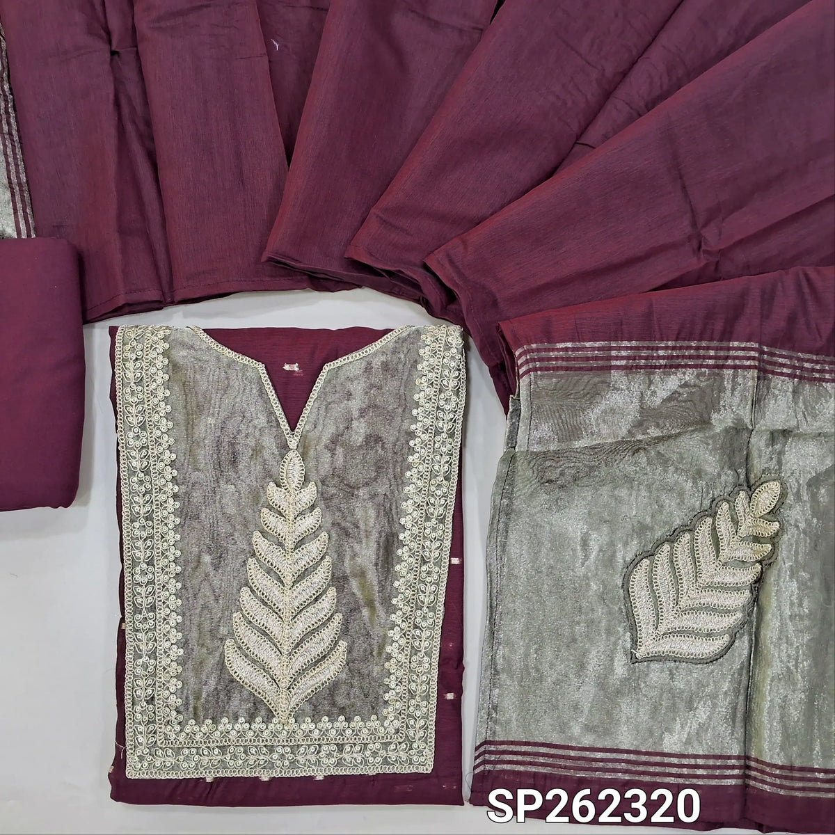 Dark beetroot purple silk cotton unstitched salwar material, gold tissue and daman with embroidery, zari buttas (Thin, Lining Needed)matching spun cotton bottom, silk cotton dupatta with tissue and embroidery on pallu. SP262320
