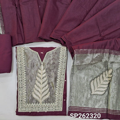 Dark beetroot purple silk cotton unstitched salwar material, gold tissue and daman with embroidery, zari buttas (Thin, Lining Needed)matching spun cotton bottom, silk cotton dupatta with tissue and embroidery on pallu. SP262320