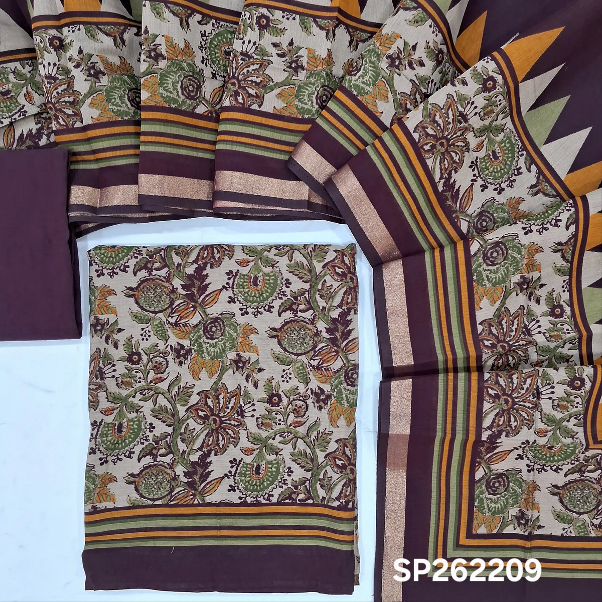 Light beige base digital printed silk cotton unstitched salwar material, (lining needed)deep wine purple cotton bottom,digital printed silk cotton dupatta with gold tissue borders. SP262209