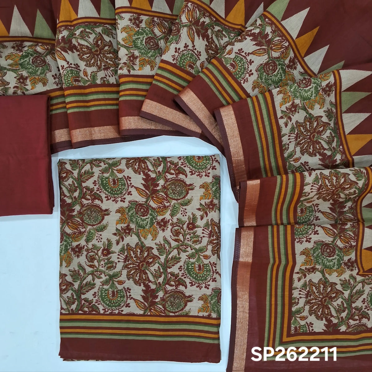 Light beige base digital printed silk cotton unstitched salwar material, (lining needed)maroon cotton bottom,digital printed silk cotton dupatta with gold tissue borders. SP262211