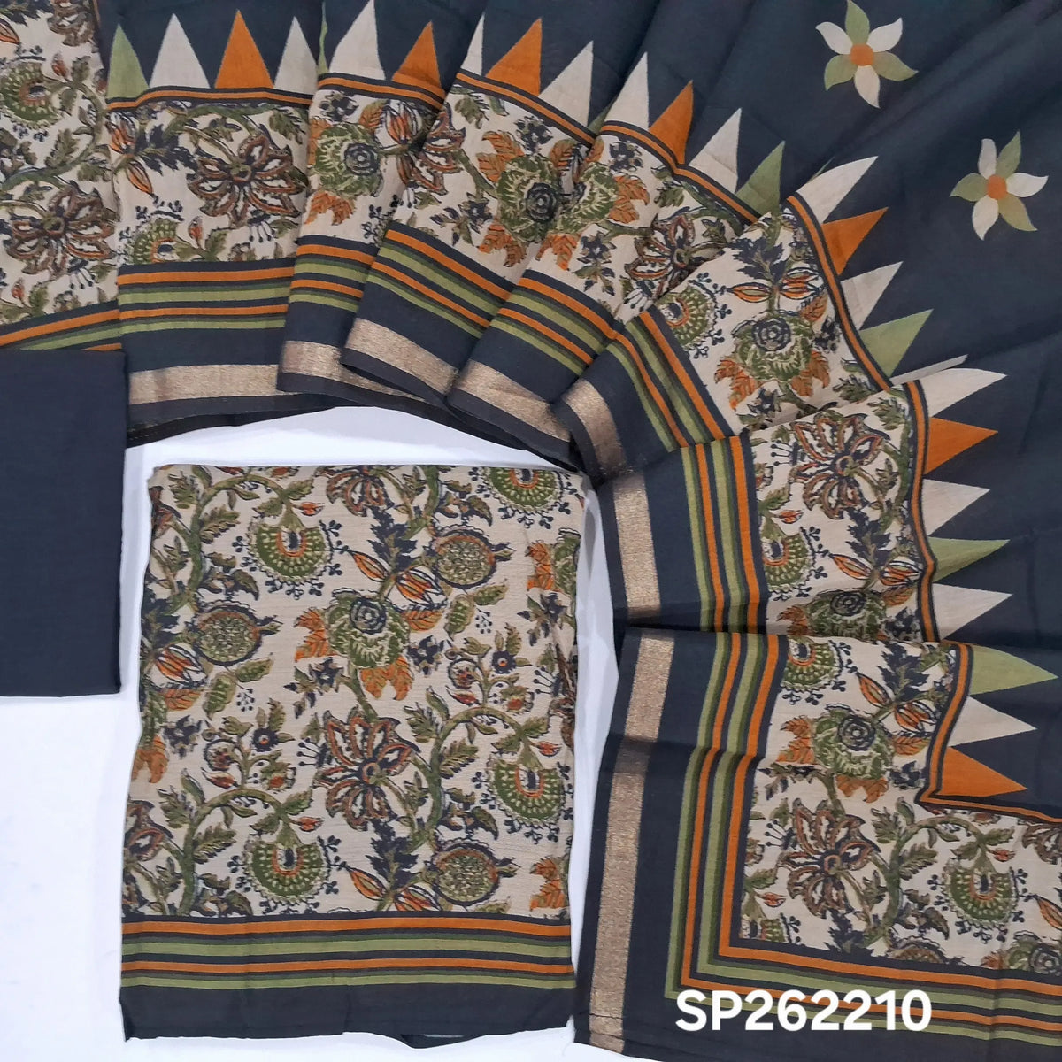 Light beige base digital printed silk cotton unstitched salwar material, (lining needed)blue cotton bottom,digital printed silk cotton dupatta with gold tissue borders. SP262210