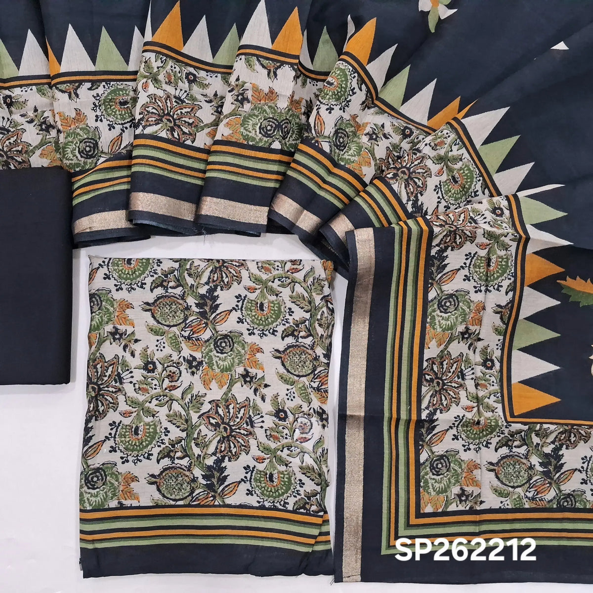 Light beige base digital printed silk cotton unstitched salwar material, (lining needed)black cotton bottom,digital printed silk cotton dupatta with gold tissue borders. SP262212