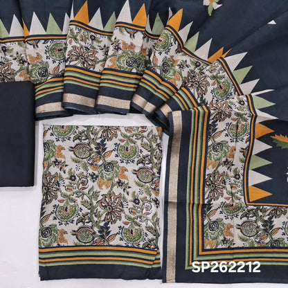 Light beige base digital printed silk cotton unstitched salwar material, (lining needed)black cotton bottom,digital printed silk cotton dupatta with gold tissue borders. SP262212