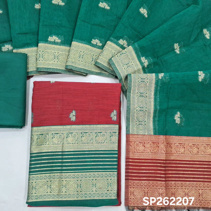Maroon premium silk cotton unstitched salwar material,buttas all over benarasi zari weaving daman, (lining needed)teal green silky bottom,buttas on silk cotton dupatta with contrast pallu and borders. SP262207