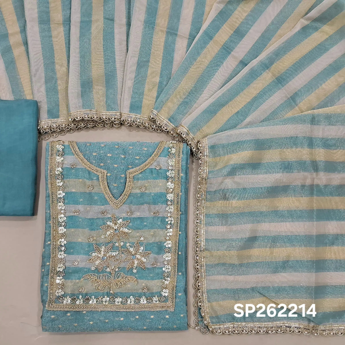 blue with golden tint tissue organza unstitched salwar material,round notch neck with sugar bead,pearl bead sequins& zarodsi, buttas all over,(lining needed)silky bottom, silver & antic gold zari work ontissue organza dupatta bead lace work. SP262214