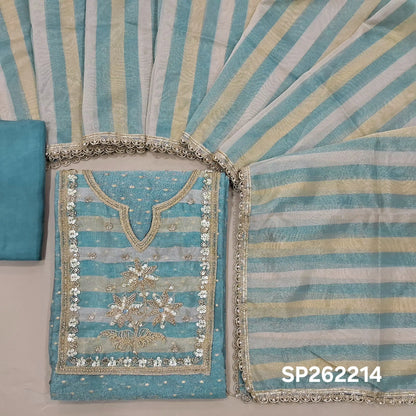 blue with golden tint tissue organza unstitched salwar material,round notch neck with sugar bead,pearl bead sequins& zarodsi, buttas all over,(lining needed)silky bottom, silver & antic gold zari work ontissue organza dupatta bead lace work. SP262214