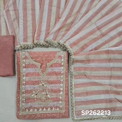 Pink with golden tint tissue organza unstitched salwar material,round notch neck with sugar bead,pearl bead sequins& zarodsi, buttas all over,(lining needed)silky bottom, silver & antic gold zari work ontissue organza dupatta bead lace work. SP262213