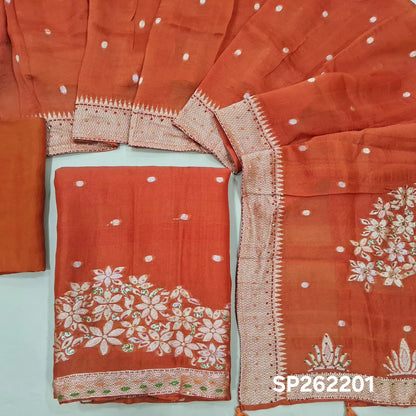 Rust orange jakard dola silk unstitched salwar material,self woven design& antic gold zari buttas, weaving with hand embroidery daman& yoke,(Lining Needed)silk bottom, jakard dola silk dupatta with rich weaving pallu and embroidery borders. SP262201