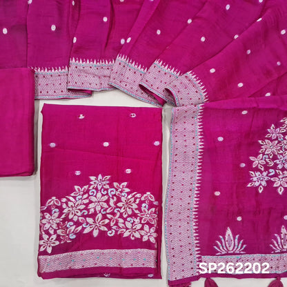 Rani pink jakard dola silk unstitched salwar material,self woven design& antic gold zari buttas, weaving with hand embroidery daman& yoke,(Lining Needed)silk bottom, jakard dola silk dupatta with rich weaving pallu and embroidery borders. SP262202