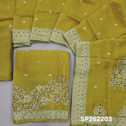Mehandhi yellow jakard dola silk unstitched salwar material,self woven design& antic gold zari buttas, weaving with hand embroidery daman& yoke,(Lining Needed)silk bottom, jakard dola silk dupatta with rich weaving pallu and embroidery borders. SP262203
