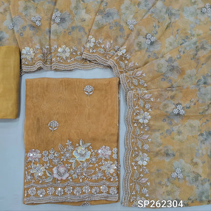 Golden yellow pure tissue organza silk digital printed unstitched salwar material, rich zardosi, cut bead ad sequins detailing on front and daman (Thin, Lining Needed)matching santoon bottom,dupatta with digital prints and rich bead detailing. SP262304