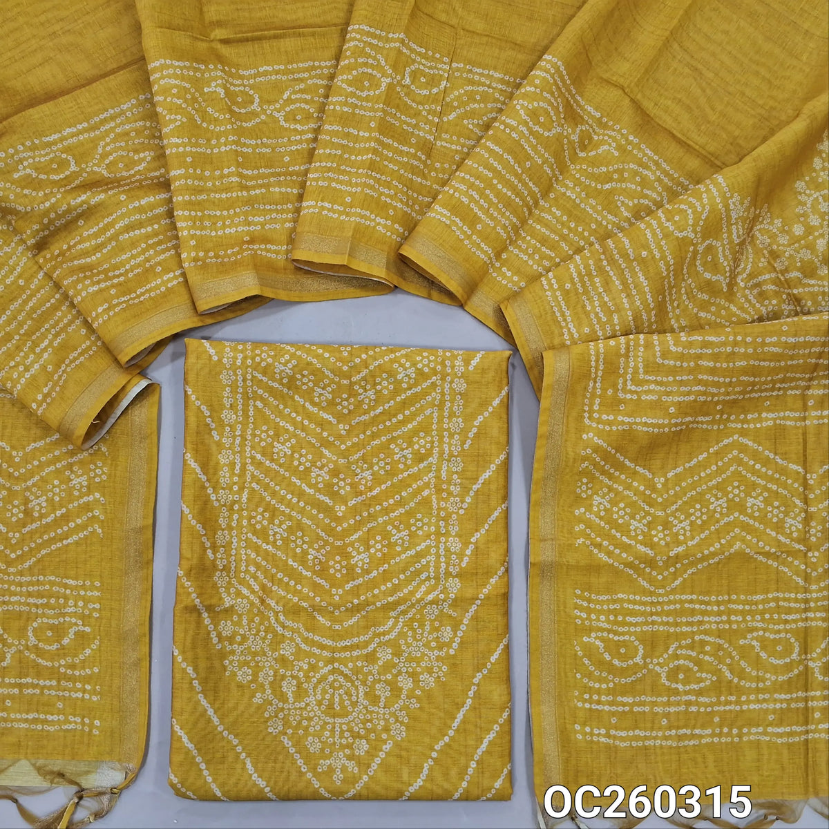 Mehandhi yellow bandhini printed premium silk cotton unstitched salwar material,(lining needed)NO BOTTOM,digital printed silk cotton dupatta with tissue borders. OC260315