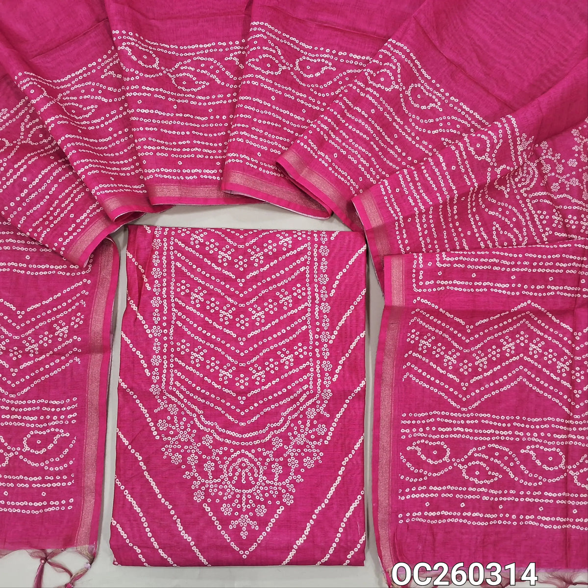 Pink bandhini printed premium silk cotton unstitched salwar material,(lining needed)NO BOTTOM,digital printed silk cotton dupatta with tissue borders. OC260314
