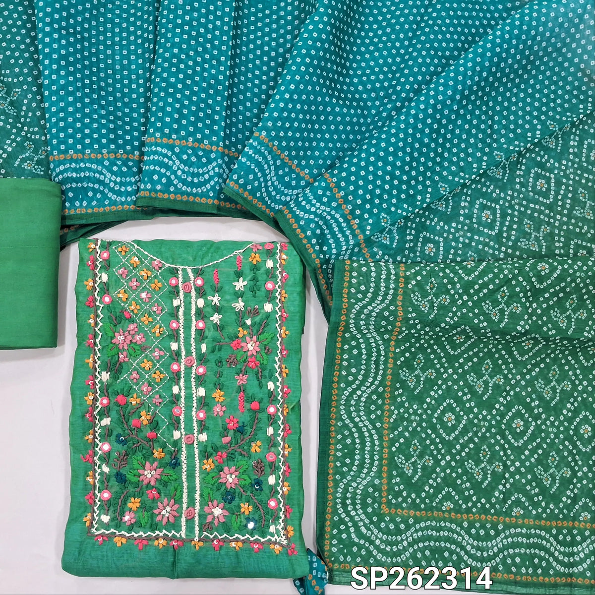 Turquoise green and blue silk cotton dual shaded lightweight silk cotton unstitched salwar material, bandhini prints on daman, rich hand embroidery on yoke (Thin, Lining Needed)matching bottom, bandhini printed silk cotton dual shaded dupatta. SP262314
