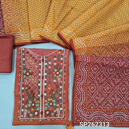Brick red and dark peach silk cotton dual shaded lightweight silk cotton unstitched salwar material, bandhini prints on daman, rich hand embroidery on yoke (Thin, Lining Needed)matching bottom, bandhini printed silk cotton dual shaded dupatta. SP262313