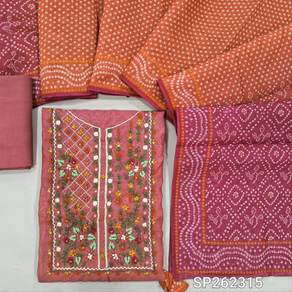 Dark and light pink silk cotton dual shaded lightweight silk cotton unstitched salwar material, bandhini prints on daman, rich hand embroidery on yoke (Thin, Lining Needed)matching bottom, bandhini printed silk cotton dual shaded dupatta. SP262315