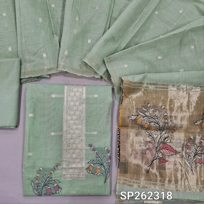 Sea green lightweight silk cotton unstitched salwar material, zari weaving all over. gold tissue daman(Thin, Lining Needed)matching silky bottom, silk cotton dupatta with tissue pallu. SP262318