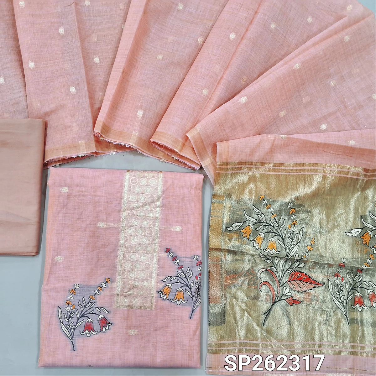 Pastel pink lightweight silk cotton unstitched salwar material, zari weaving all over. gold tissue daman(Thin, Lining Needed)matching silky bottom, silk cotton dupatta with tissue pallu. SP262317