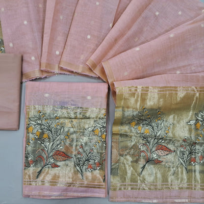Pastel pink lightweight silk cotton unstitched salwar material, zari weaving all over. gold tissue daman(Thin, Lining Needed)matching silky bottom, silk cotton dupatta with tissue pallu. SP262317