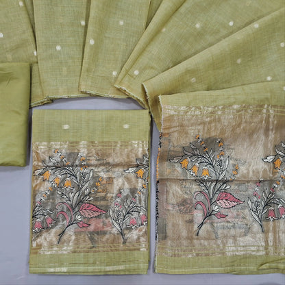 Light mehandhi green lightweight silk cotton unstitched salwar material, zari weaving all over. gold tissue daman(Thin, Lining Needed)matching silky bottom, silk cotton dupatta with tissue pallu. SP262319