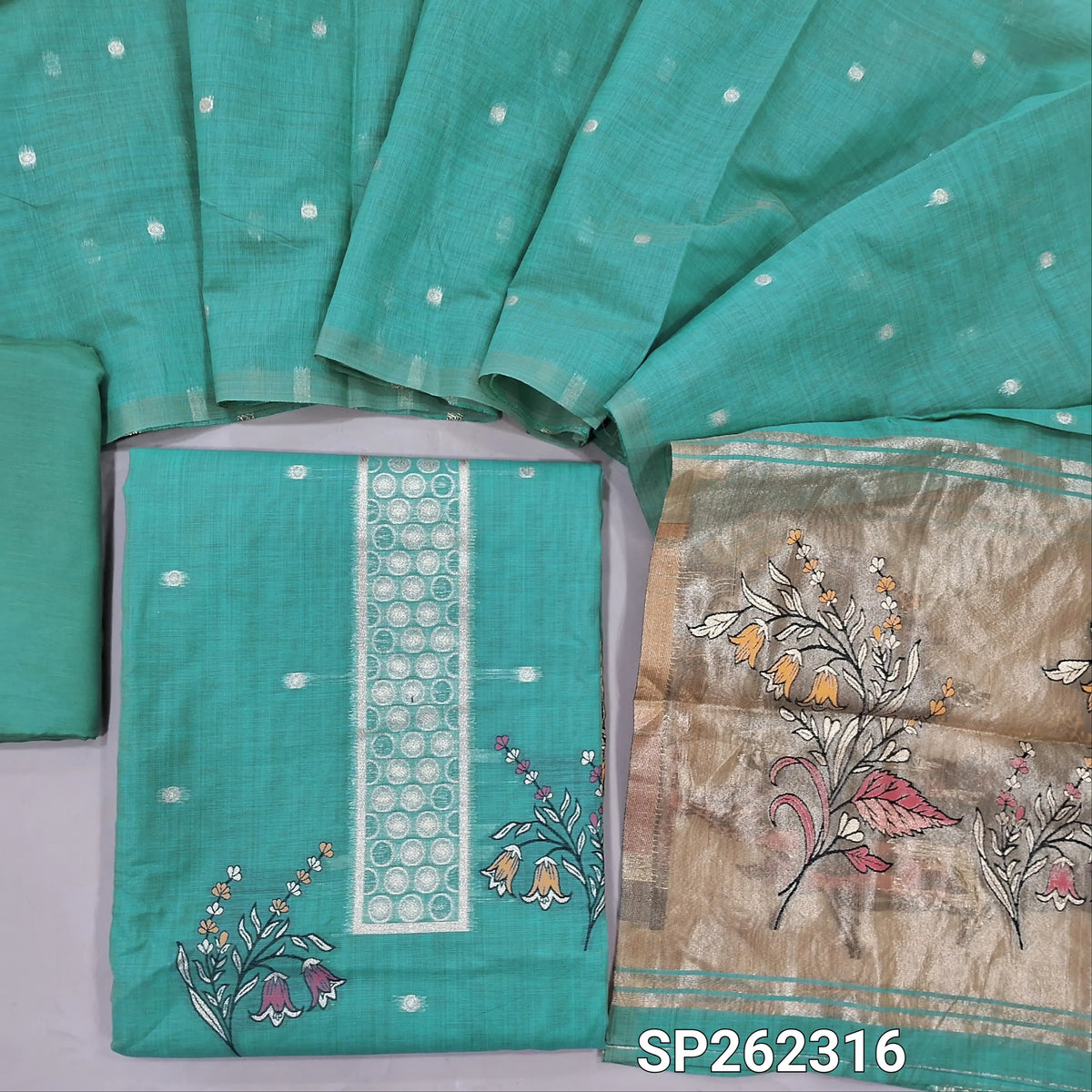 Pastel blue lightweight silk cotton unstitched salwar material, zari weaving all over. gold tissue daman(Thin, Lining Needed)matching silky bottom, silk cotton dupatta with tissue pallu. SP262316