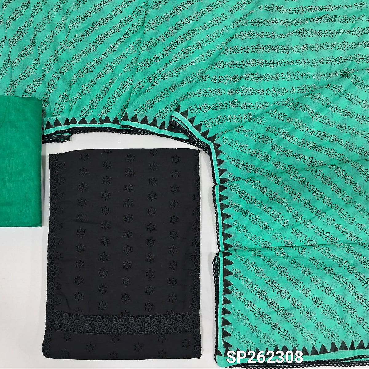 Black schiffli embroidered pure cotton unstitched salwar material, lace detail on yoke (Thi, Lining Needed)light turquoise green silk cotton bottom block printed chiffon dupatta. SP262308