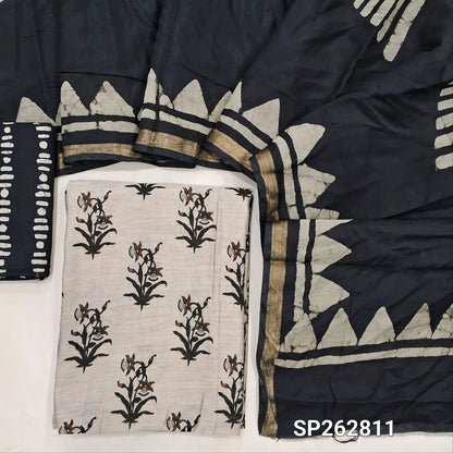 Greyish beige base printed silk cotton unstitched salwar material,(lining needed)black batik dyed cotton bottom,batik dyed silk cotton dupatta(TAPPING NEEDED). SP262811